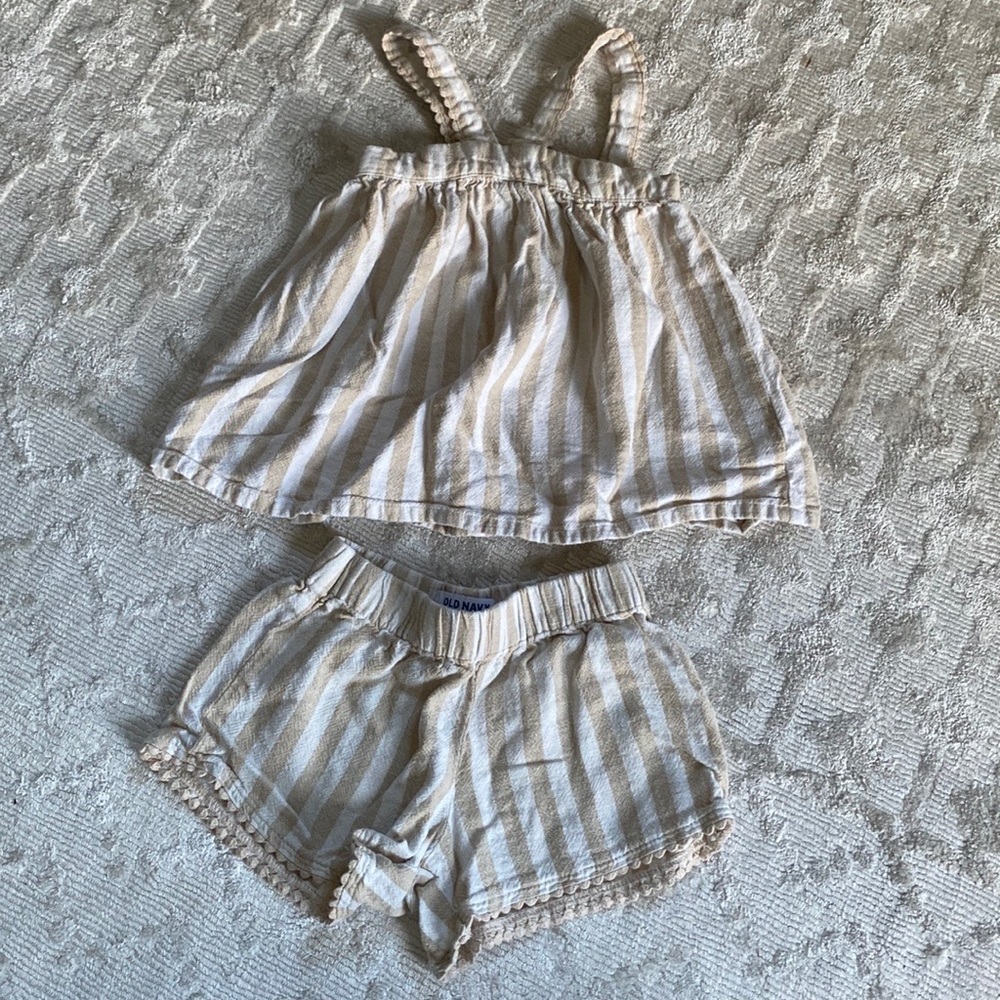 Linen Neutral Striped Summer Set little Girls 3T